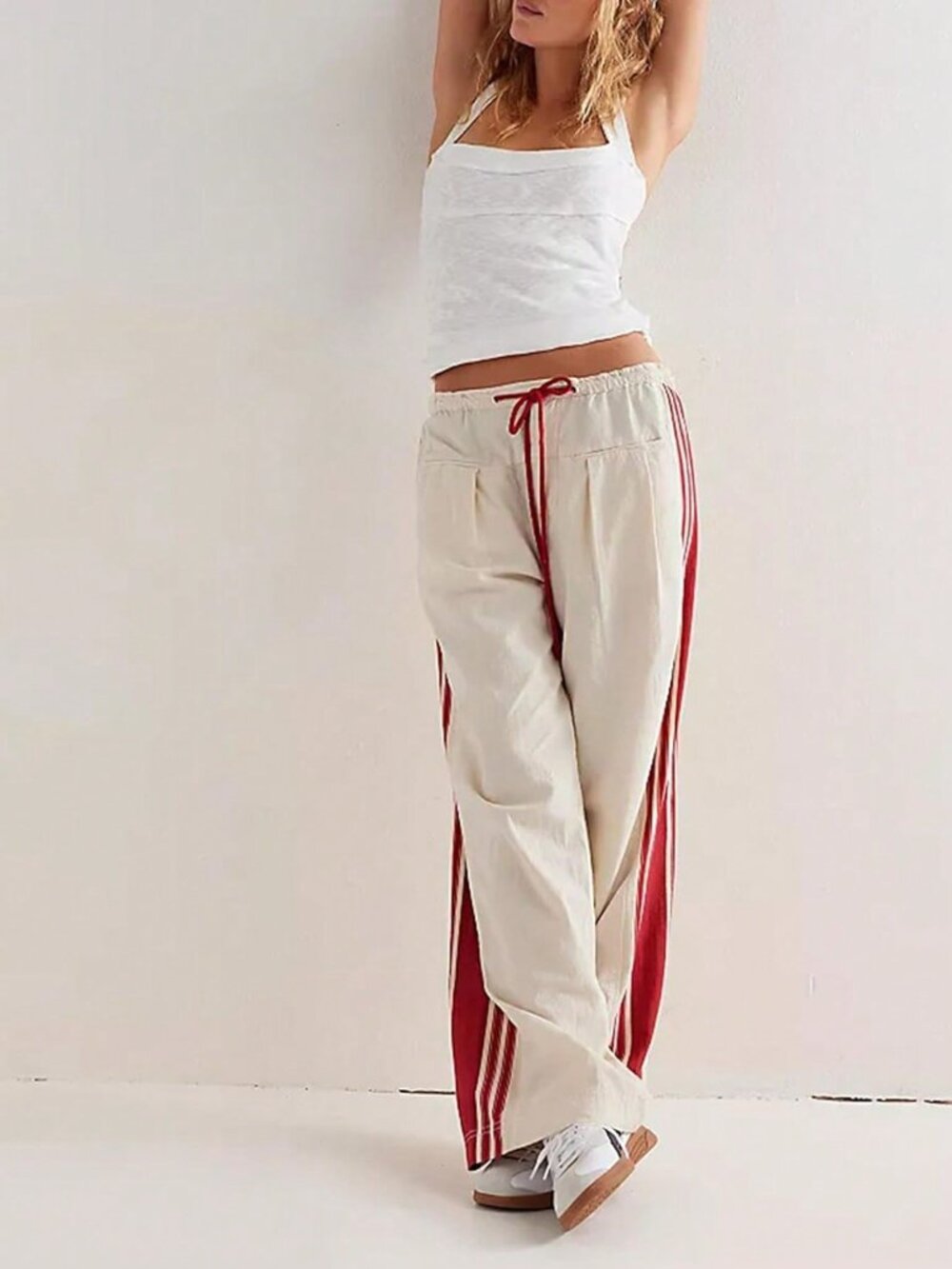 Beige Casual Women's High Rise Drawstring Wide Leg Palazzo Pants with Pockets - Picture 1 of 3